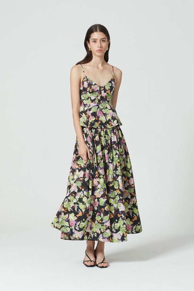 FLORAL DROP WAIST RUCHED SKIRT