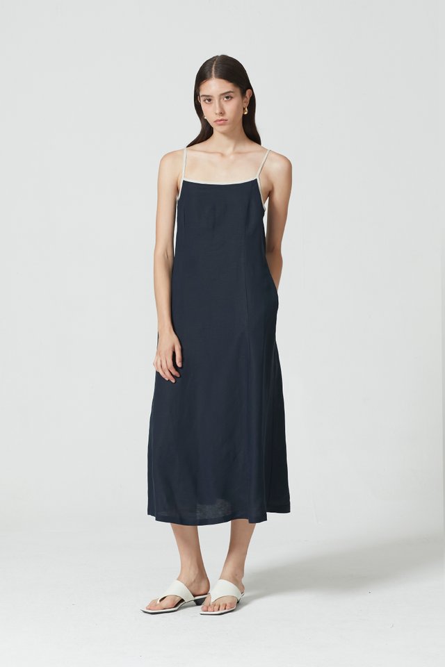 CONTRAST TRIM LINEN DRESS