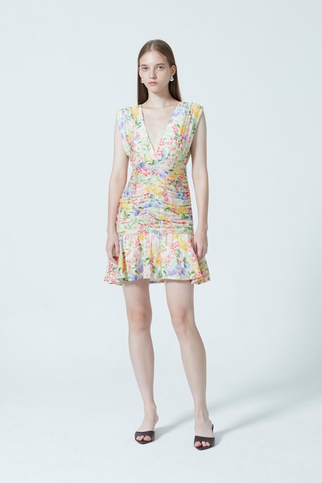 FLORAL RUCHED DRESS WITH SLIP