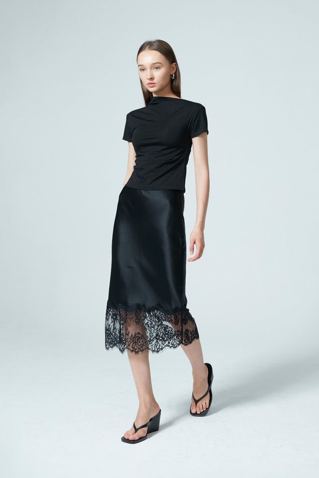 LACE TRIMMED SATIN SKIRT