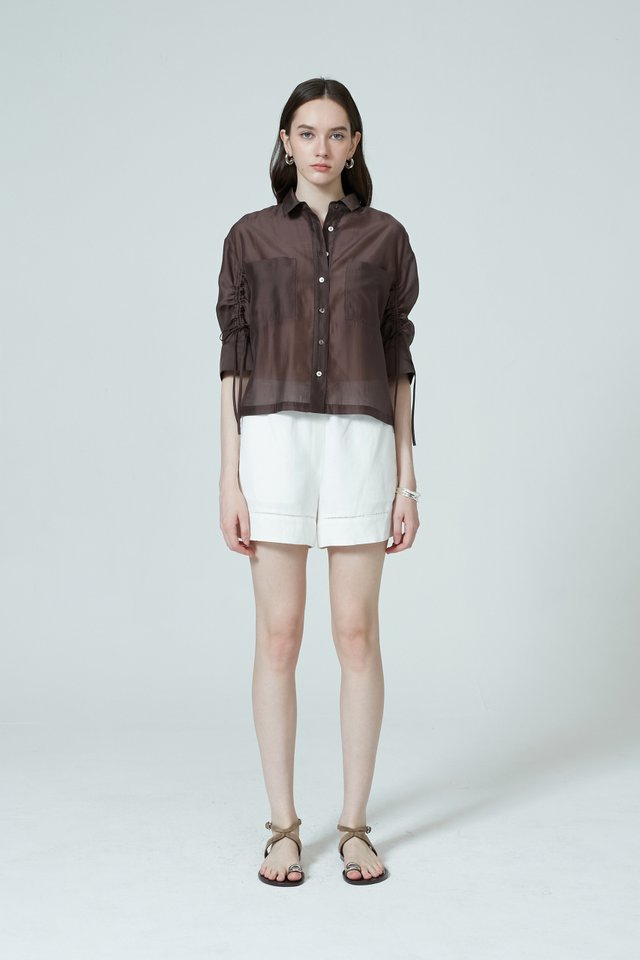 RUCHED SLEEVE SHEER SHIRT