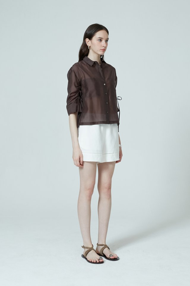 RUCHED SLEEVE SHEER SHIRT