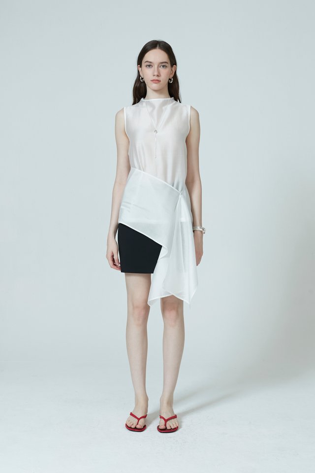 SHEER MOCK NECK TOP WITH SASH