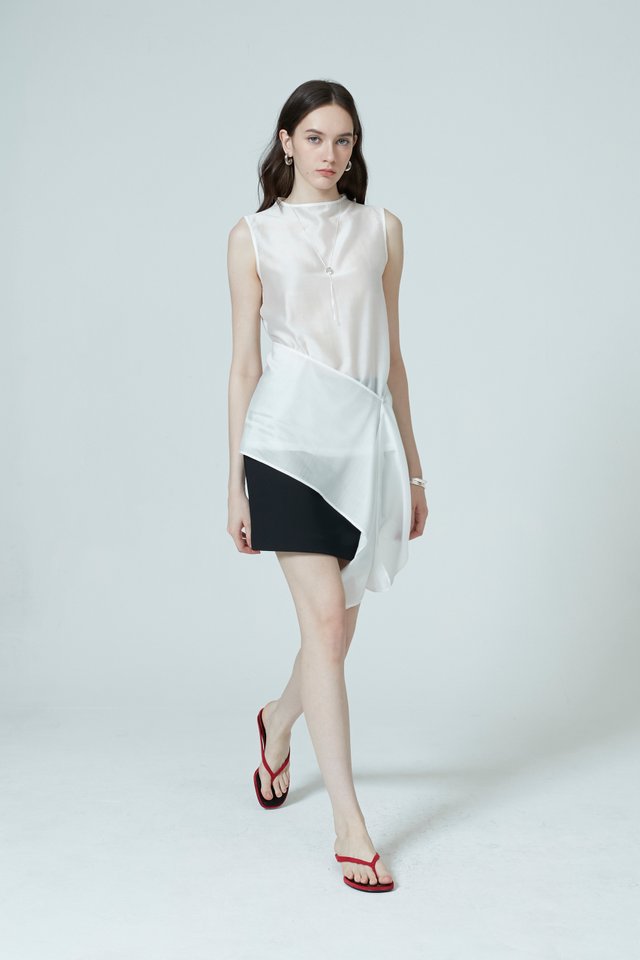SHEER MOCK NECK TOP WITH SASH