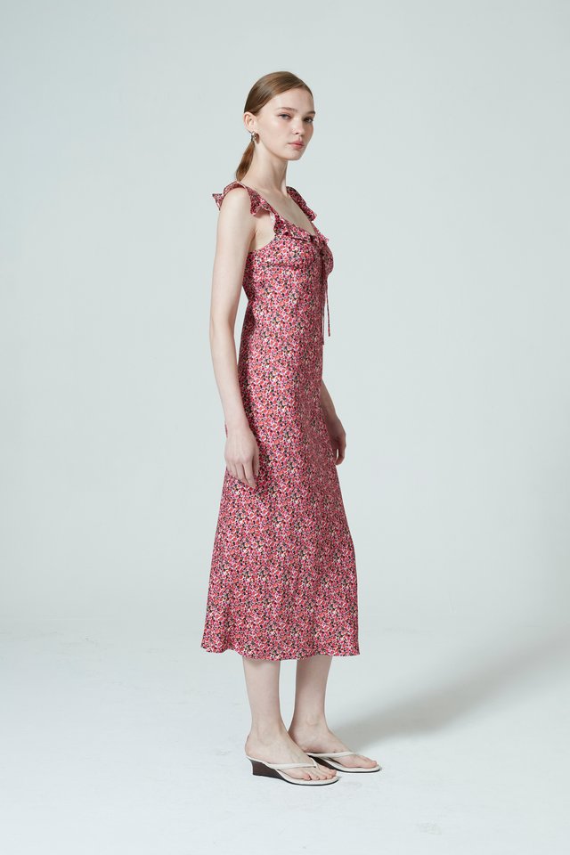 FLORAL RUFFLE BIAS DRESS