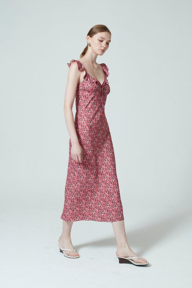 FLORAL RUFFLE BIAS DRESS