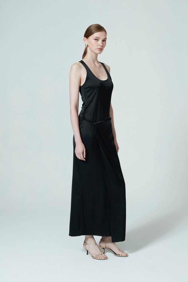 SLEEVELESS SATIN WRAP DRESS