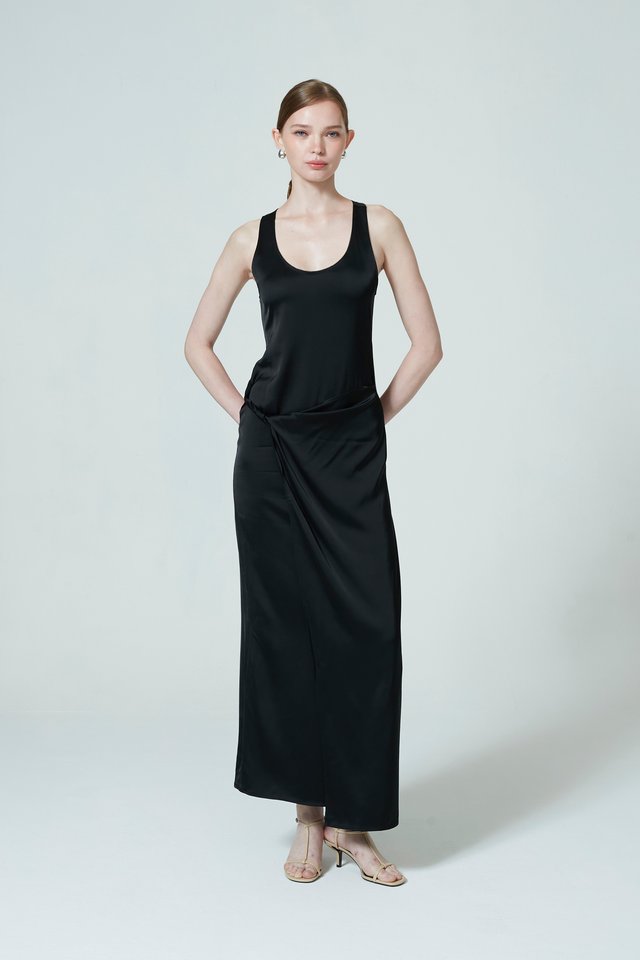 SLEEVELESS SATIN WRAP DRESS