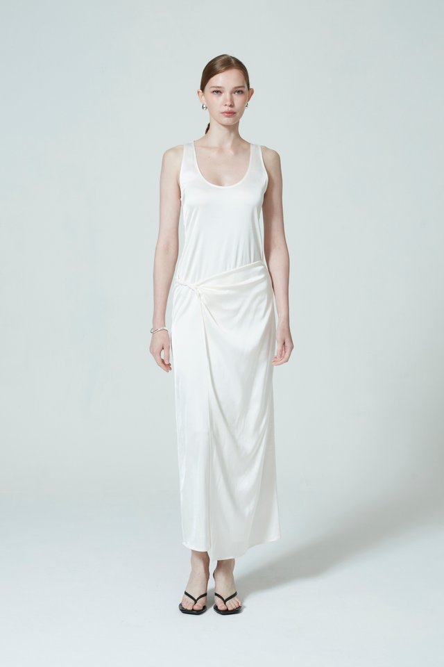 SLEEVELESS SATIN WRAP DRESS